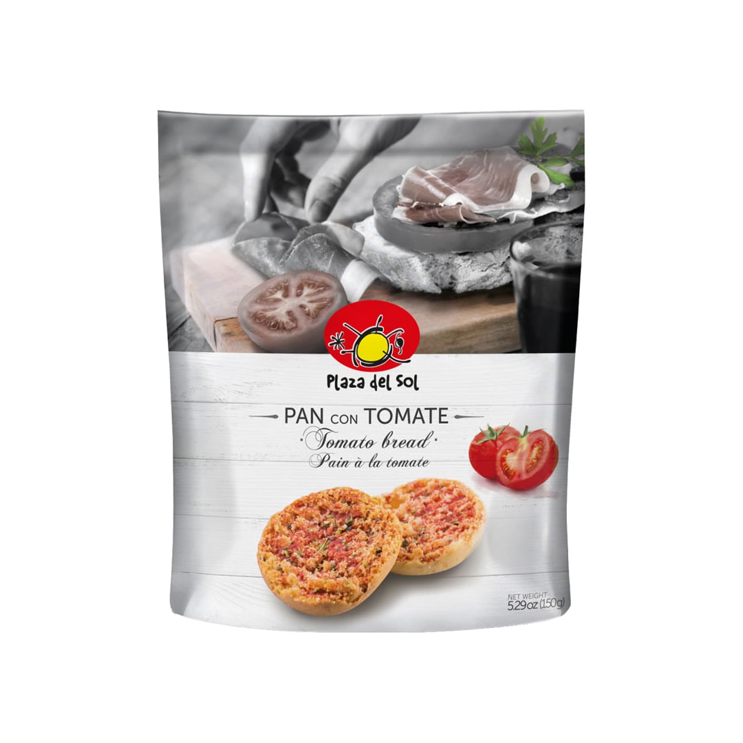 Packaging for Plaza del Sol Tomato & Oregano Bread Toasts with images of the product, tomatoes, and cooking elements on the front.