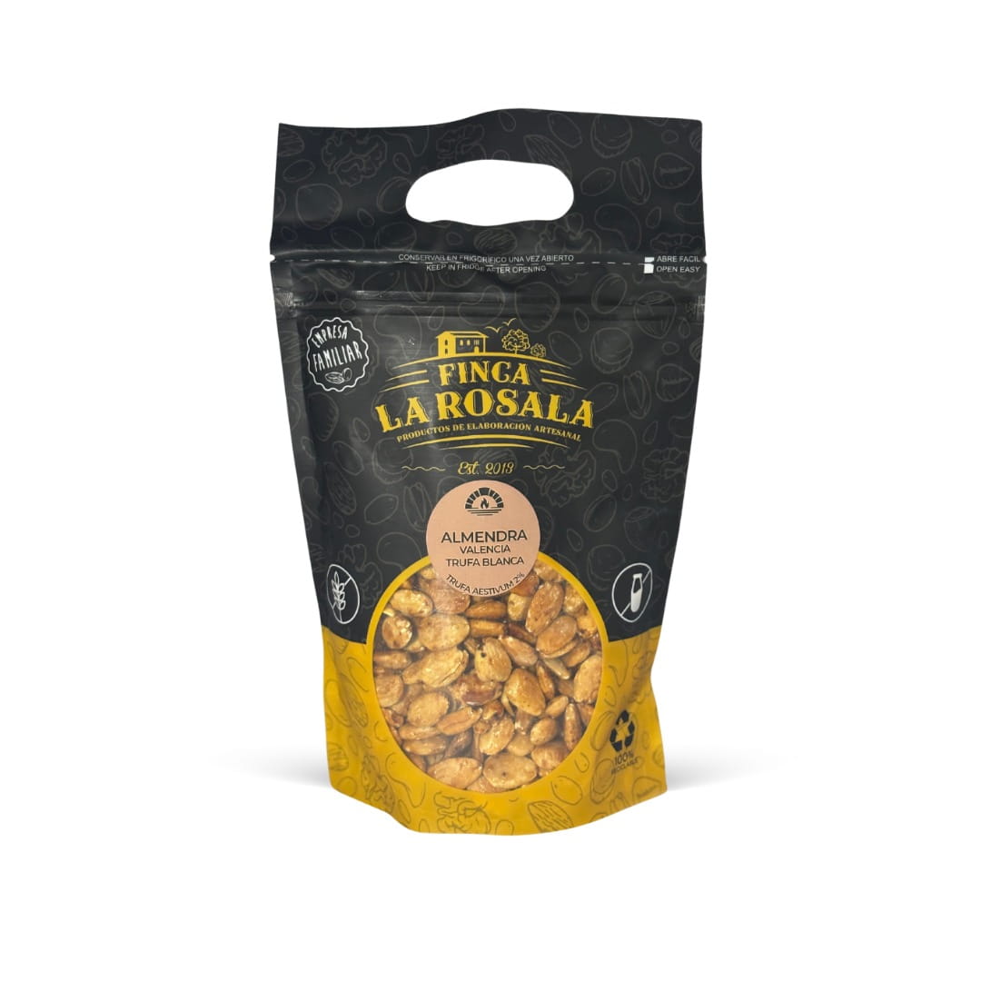 Black and yellow package of Finca La Rosala almonds on a white background